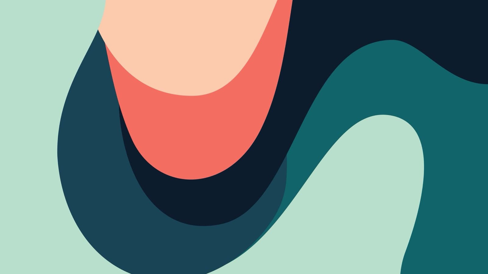 Abstract flowing shapes in teal, navy, and coral