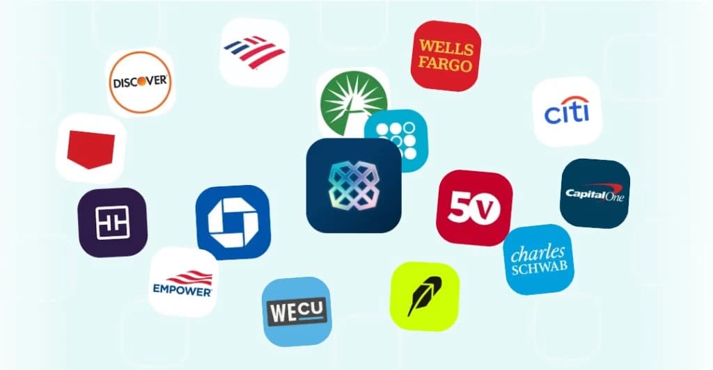 Financial institution logos including Plaid, Chase, Fidelity, and more
