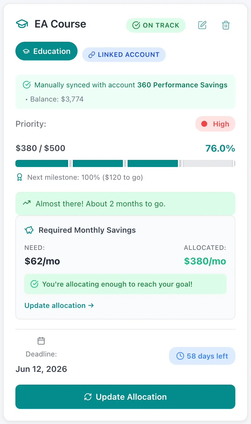 Kove goals view showing savings progress toward a target amount