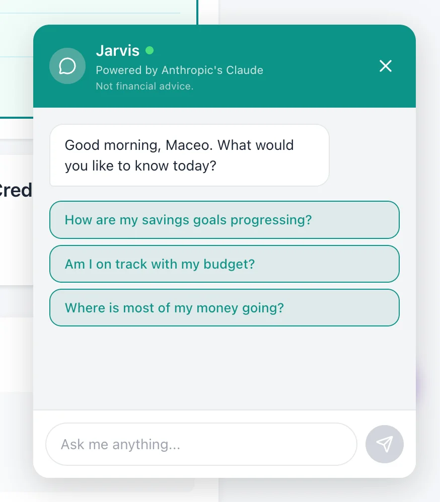 KoveAI assistant interface helping a user understand their finances