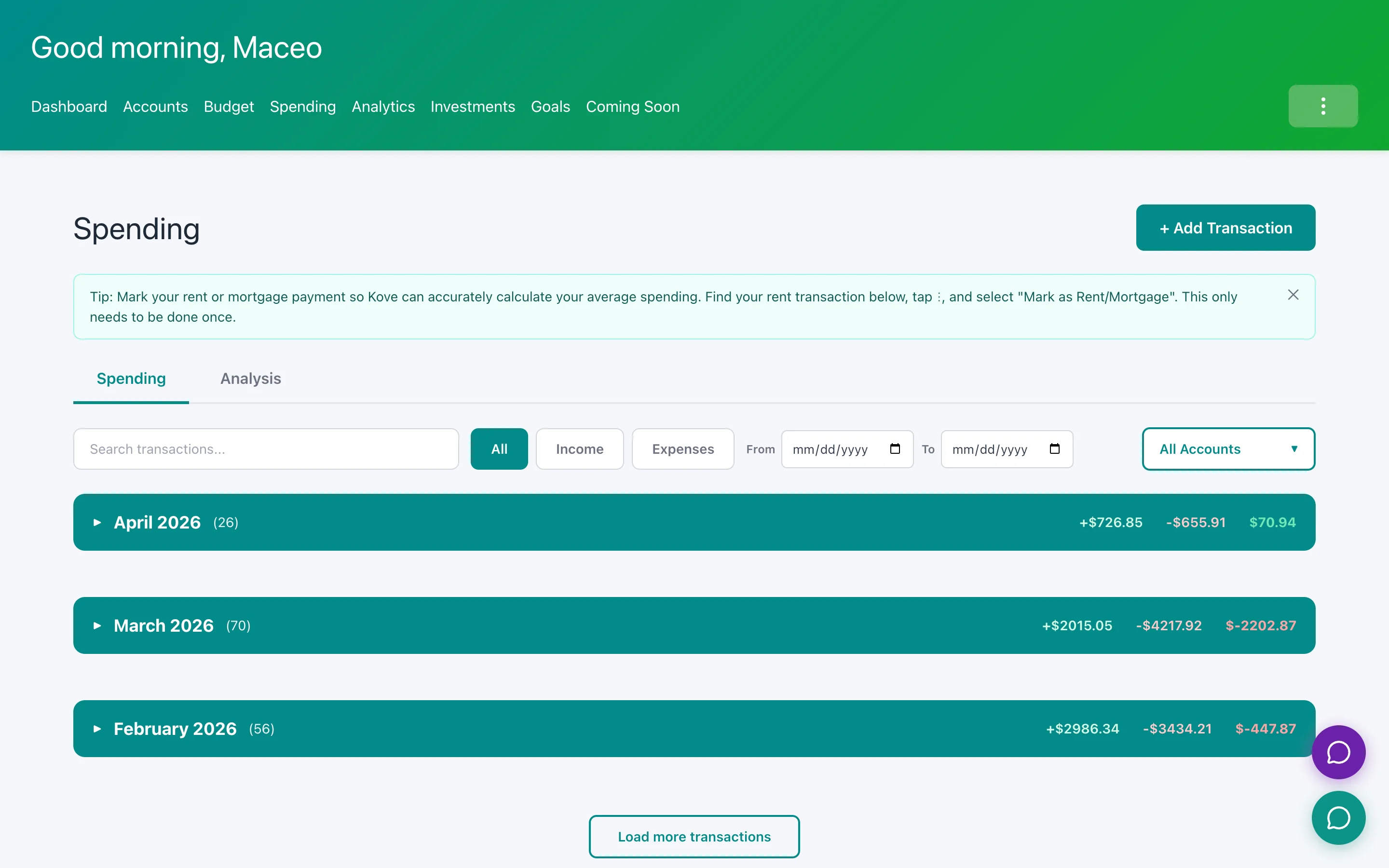 Kove transactions view showing categorized spending